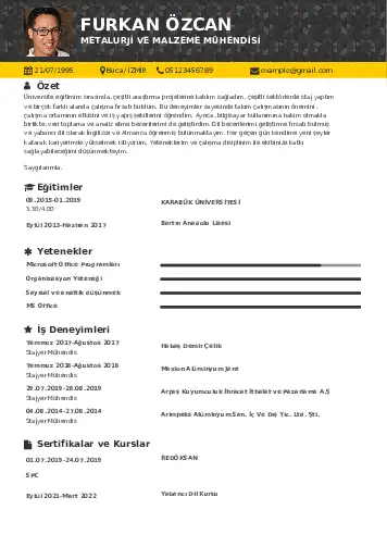 Metalürji Ve Malzeme Mühendisliği Cv Örnekleri cv indir